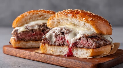Juicy burger delight restaurant kitchen food photography contemporary setting close-up view culinary indulgence