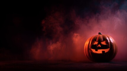 Glowing jack-o'-lantern with red fog in a dark, eerie setting