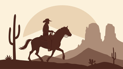 Cowboy riding a horse silhouette in a desert landscape with mountains and cacti at sunset, evoking the wild west and adventure