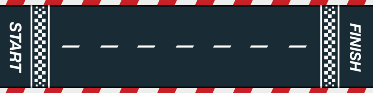Racing road. Race track. Start and finish line racing high-speed racetrack top view background. Checkered lines vehicle, car, bicycle, motorbike asphalt route. Motorsport vector concept