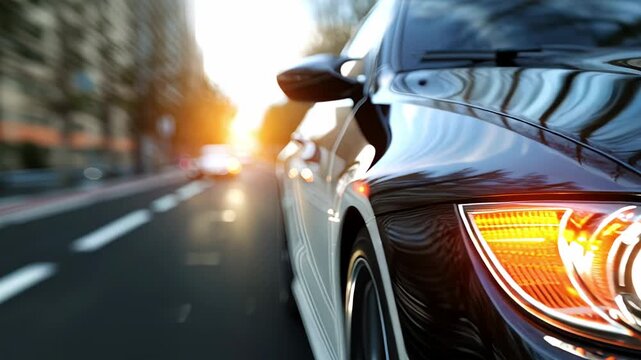 LED headlights turn on as a car navigates the city under nightfall.
