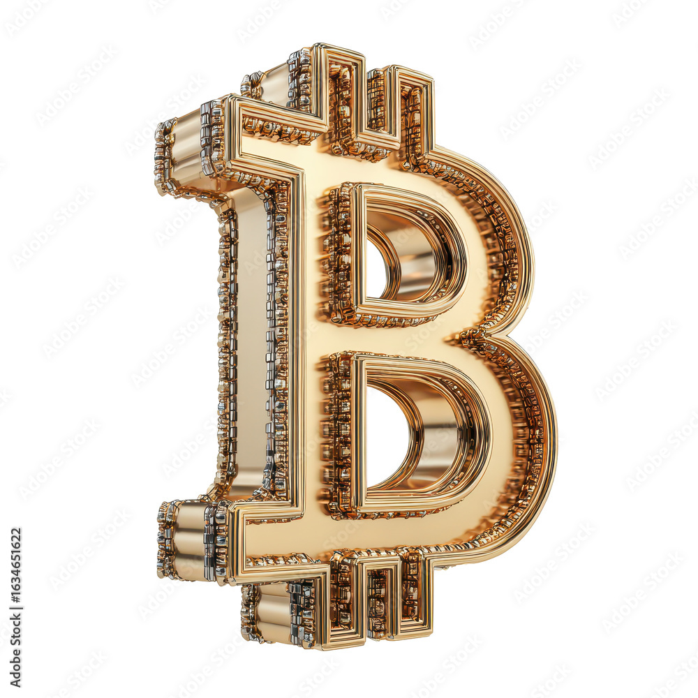 Poster golden bitcoin symbol displayed on a simple white background with intricate detailing emphasizing it