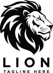 Lion head logo vector design, bold black and white illustration, majestic animal symbol, modern graphic art for branding use