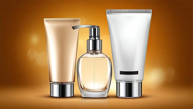 Three cosmetic products, beige tube, clear glass pump bottle, white tube, on an orange gradient background with bokeh