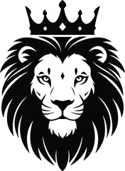 Majestic lion head with crown vector, royal lion illustration, king of jungle artwork, black and white tribal style icon