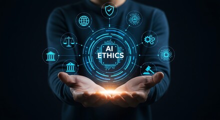 AI ethics concept presented by a person holding digital icons