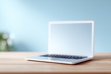 Fototapeta premium Sleek laptop on wooden table with soft blue background, modern d