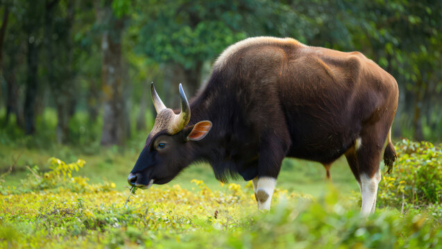 Observe the Majestic Gaur Grazing in the Meadow Witnessing the Indian Bison's Strength and Beauty Exploring the Largest Bovine Species in its Natural Setting - Powered by Adobe