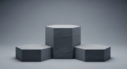 Dark gray hexagonal podiums with volcanic rock texture, a 3D render background for product display, cosmetic mockups, and luxury showcase