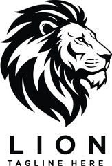 Modern lion head logo design, black and white vector artwork, strong animal symbol, majestic beast illustration, bold branding graphic
