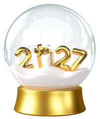 Golden 2027 numbers and gift box inside a transparent snow globe with falling snow, festive decoration for New Year and Christmas celebration, isolated on transparent background, 3D render.