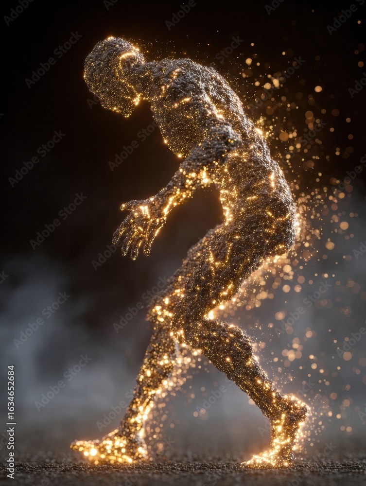 Poster dynamic figure made of glowing particles in motion creates a captivating visual experience at twilig