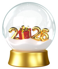 Golden 2026 numbers and gift box inside a transparent snow globe with falling snow, festive decoration for New Year and Christmas celebration, isolated on transparent background, 3D render.
