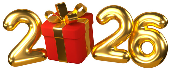 Golden 2026 numbers with red gift box and golden ribbon for  New Year celebration, festive 3d render isolated on transparent background.