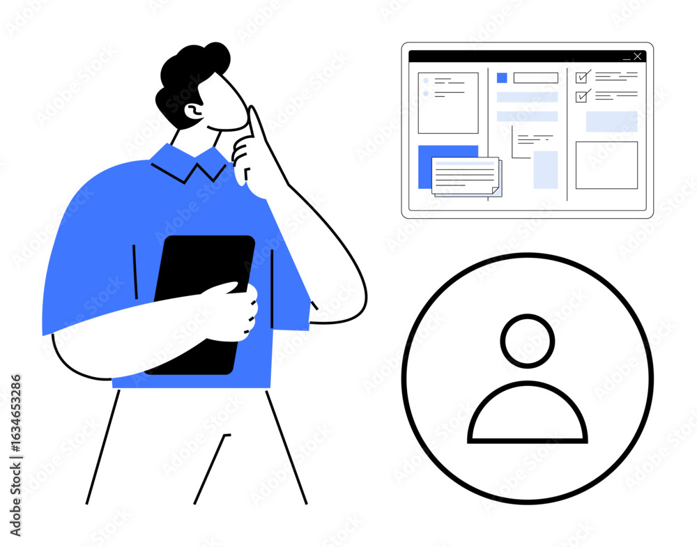 Poster man holding tablet thoughtfully, viewing web user profile interface ideal for teamwork, digital stra