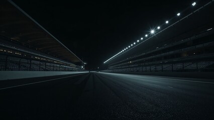 Empty asphalt pit lane stretching into distance at motorsport venue at night under floodlights