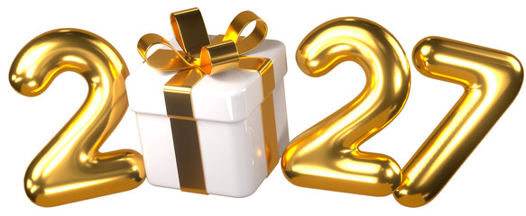 Golden 2027 numbers with white gift box and golden ribbon for  New Year celebration, festive 3d render isolated on transparent background.