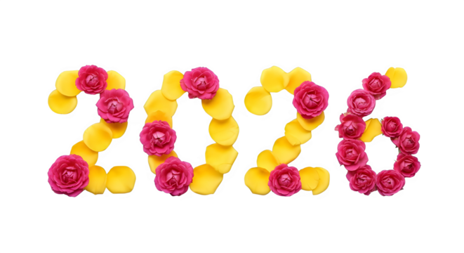 Elegant 2026 New Year design concept with vibrant rose blossoms and sunny yellow petals creating a floral celebratory display on transparent backdrop