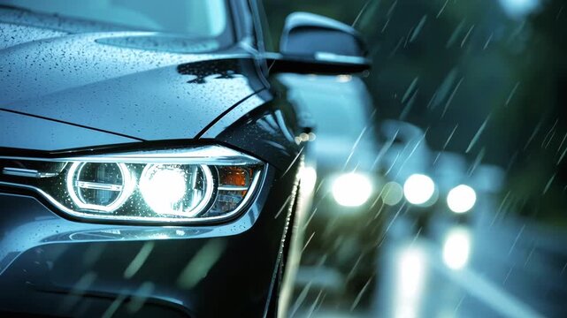 LED headlights turn on as a car navigates the city under nightfall.
