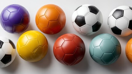 Row of soccer balls of different colors and sizes. The balls are arranged in a line, with the yellow ball in the middle and the black and white ball on the far right