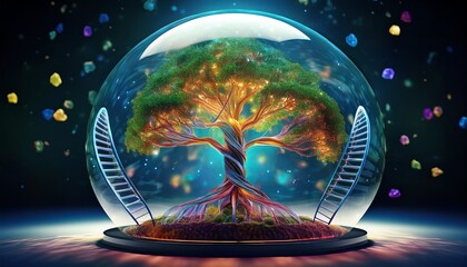 a vibrant tree flourishing inside a scientific dome surrounded by dna strands symbolizing genetic research and biotechnology