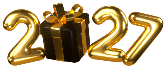 Golden 2027 numbers with black gift box and golden ribbon for  New Year celebration, festive 3d render isolated on transparent background.