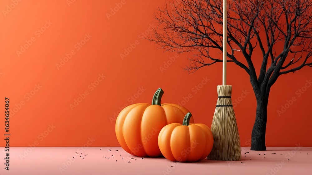 Poster pumpkin and a broom are on a table in front of a tree. the scene is set in autumn, with the orange p