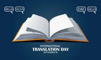 Vector graphic of open book shows words in each language suitable for international translation day.