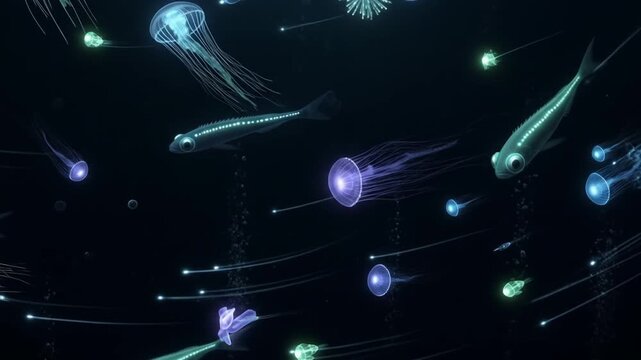 Bioluminescent sea creatures in deep ocean