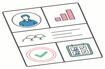 Vector art of a business presentation showing team members statistics and scheduled meetings for planning and organization