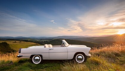 a vintage white convertible parked amidst a dreamy pastel hued landscape of rolling hills and grasses with ample copy space for text