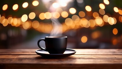 Obraz premium a cozy coffee scene with a black cup resting on a wooden table blurred bokeh lights in the background