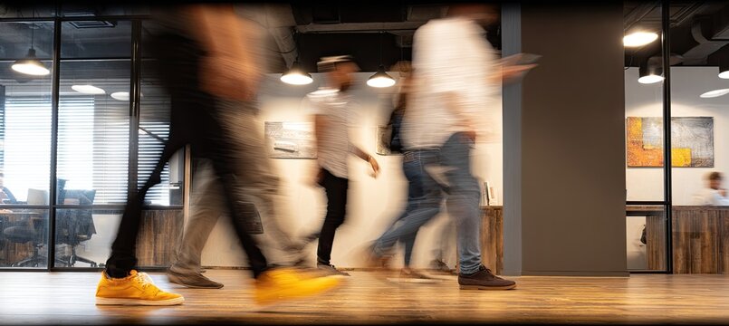 Busy office hallway.  People walking in motion blur