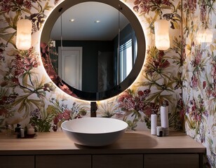 elegant bathroom interior with round mirror floral wallpaper and modern lighting