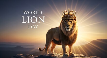Majestic lion wearing a crown on world lion day
