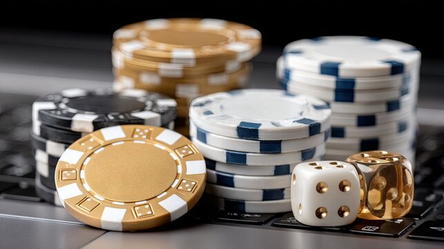 Colorful poker chips and dice are arranged on a gaming table for a night of fun and excitement among friends