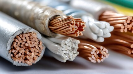 Various electrical wires and cables arranged in a detailed display showcasing different materials and sizes for industrial and residential use