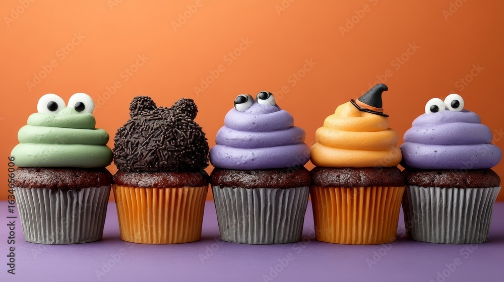 Poster row of cupcakes with halloween decorations on them. the cupcakes are decorated with frosting and can