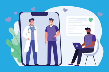 Man having an online video consultation with a doctor and nurse on a large smartphone screen