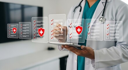 Doctor reviewing medical checklist on digital tablet screen.