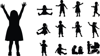 Children silhouette vector illustration, kids playing, walking, sitting, standing, pushing stroller, child poses collection, black isolated figures, activity icons