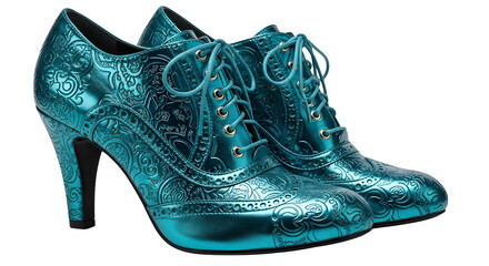 Stunning turquoise lace-up heels with embossed details adding a touch of elegance for fashion-forward events and upscale occasions