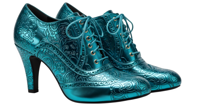 Stunning turquoise lace-up heels with embossed details adding a touch of elegance for fashion-forward events and upscale occasions