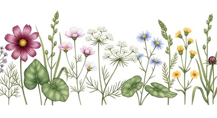 Watercolor illustration of beautiful wildflower garden border design