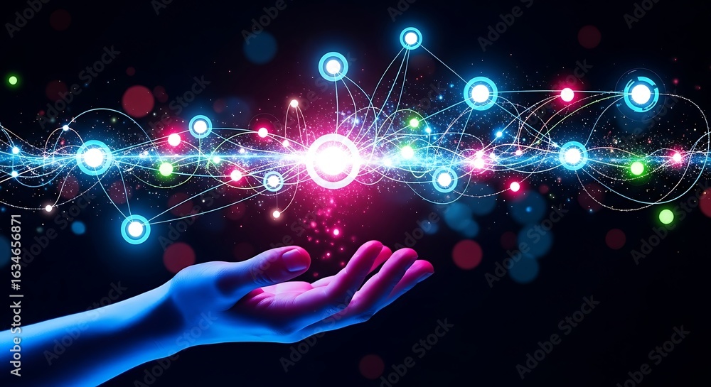 Aufkleber hand holding abstract digital network connection data and global technology.