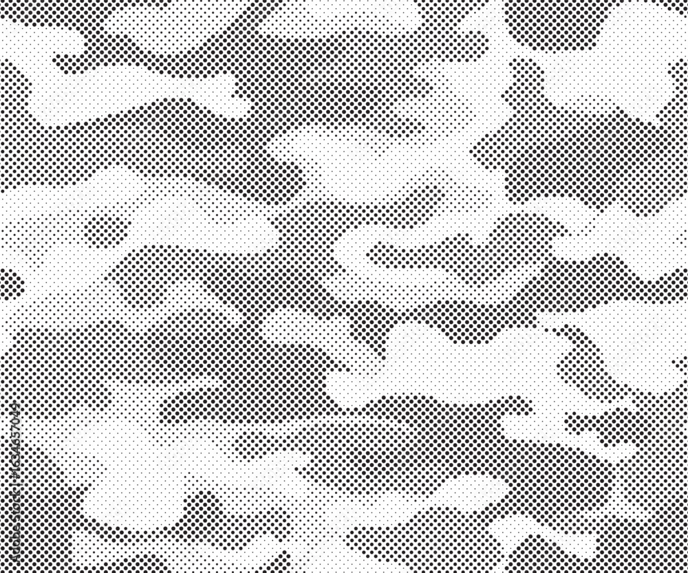 Poster abstract halftone seamless camouflage pattern. repeating digital dotted hexagonal camo military text