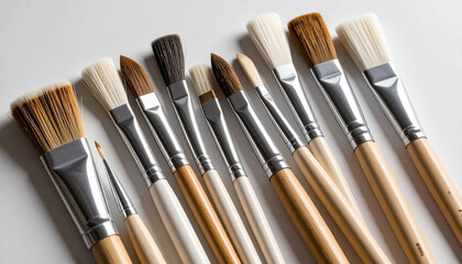 Fototapeta premium Close-up of different paintbrush tips — soft, stiff, angled — placed on a neutral background with subtle shadows. The lighting highlights the texture and craftsmanship of each brush.