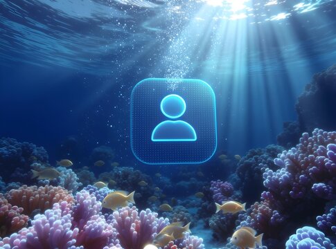 Blue user profile silhouette in underwater digital environment