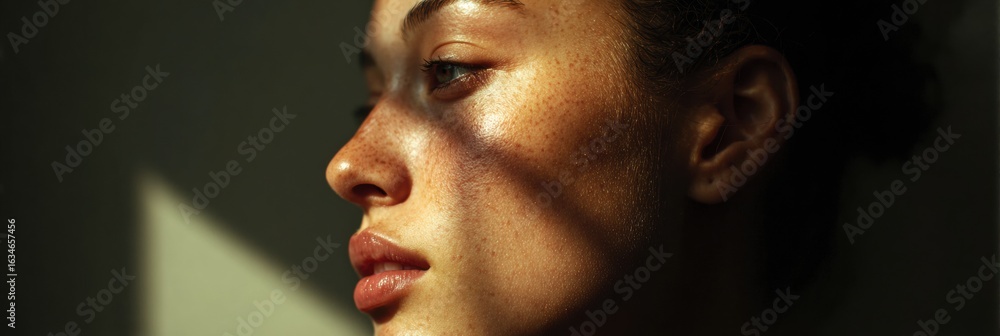 Poster radiance effect over cheekbone with light flare in minimal setting during natural light exposure