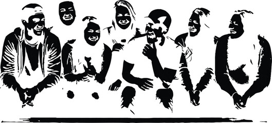 A black and white portrait captures a group of seven young adults sitting on a bench, laughing joyfully, showcasing friendship and candid moments in a timeless style.